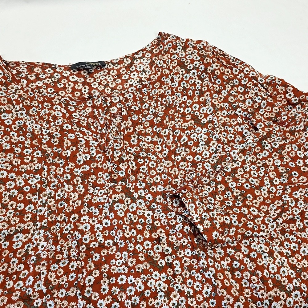 Suzanne Betro Blouse Womens 2X Rust Floral Tie Neck Long Sleeve Boho U8601236